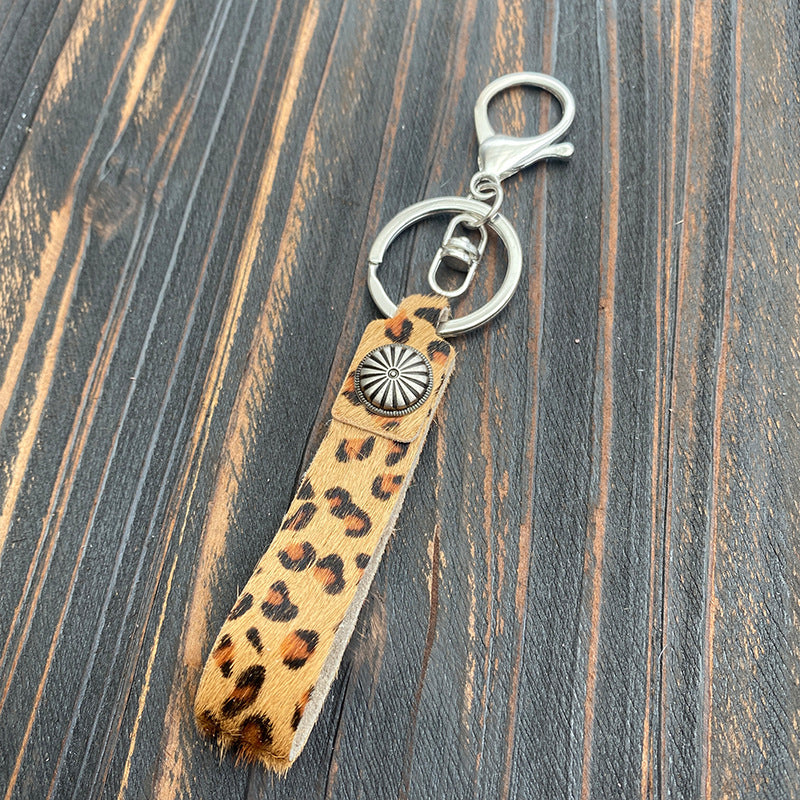 Wholesale Leopard Print Genuine Leather Pony Hair Western Style Keychain